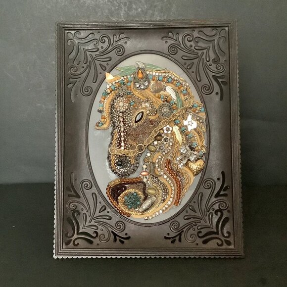 JEWELED PICTURE Bronze Frame Horse Artist Design Vintage & Modern Jewels 5X7 - Picture 2 of 11